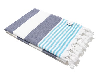 Striped Turkish Towel with Terry on One Side | Navy, Blue & White Peshtemal with Terry Cloth Lining | Spa Bath Hammam | Cotton Beach Fouta