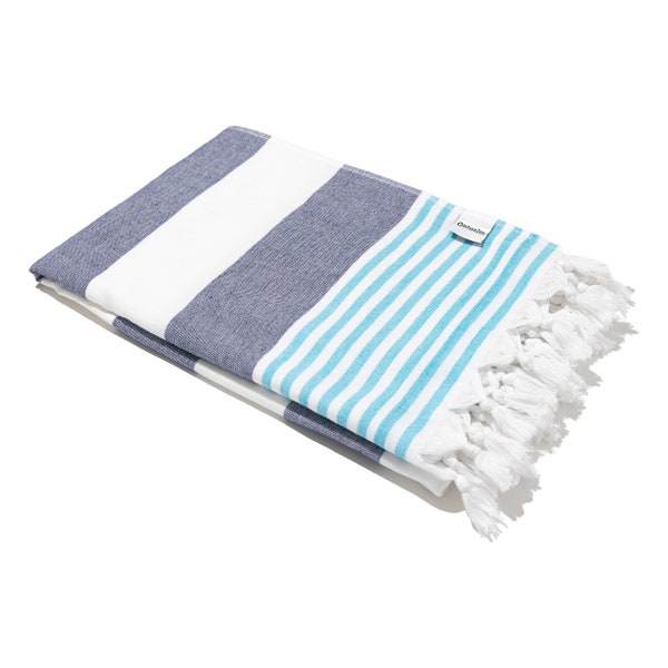 Striped Turkish Towel with Terry on One Side | Navy, Blue & White Peshtemal with Terry Cloth Lining | Spa Bath Hammam | Cotton Beach Fouta