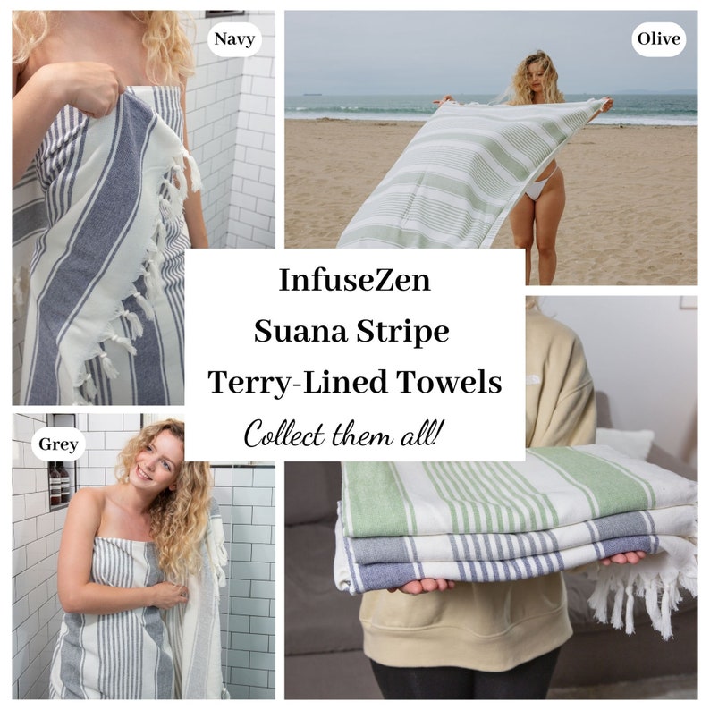 Spa Turkish Bath Towel Terry on One Side Olive & Cream Soft Cotton Peshtemal Striped Bath Hammam Fouta Bath Sheet with Lining on Back image 7