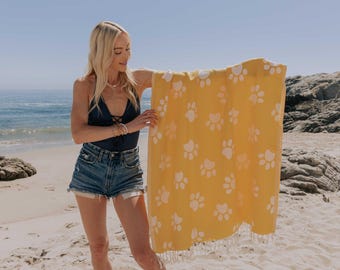 Dog Paw Print  Organic Cotton Turkish Peshtemal: Yellow & White Sand Resistant Beach Towel