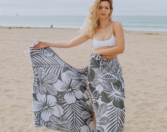 Floral Hawaiian Turkish Towel: Black & White Sand Free Organic Cotton Flower Beach Peshtemal