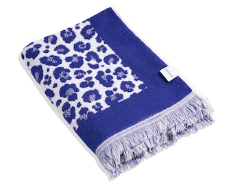 Leopard Print Terry Cloth Turkish Towel in Blue & White | Extra Large Bath Towel | 100% Cotton Soft Terrycloth Animal Print Beach Towel