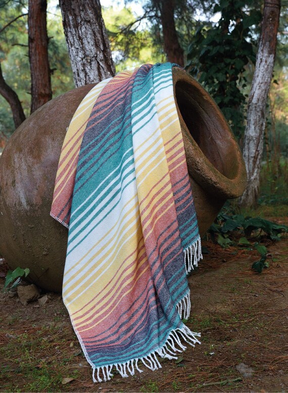 Colorful Striped Turkish Throw With Tassels Large Soft Decorative Blanket for a Couch or Sofa Cotton Blend in Red Yellow Blue White Etsy