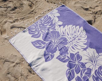 Hibiscus Flower Purple Turkish Towel, Thin Tropical Floral Sand Resistant Beach Peshtemal, Organic Cotton