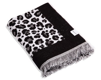 Leopard Print Black and White Thick Terry Cloth Towel | 100% Turkish Cotton Beach Towel | Soft Extra Large Reversible Decorative Bath Towel