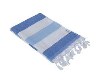 Striped Turkish Towel with Soft Terry Cloth Back | Half Terry Beach Peshtemal |  Blue & White Striped Terrycloth Lined Large Bath Hammam