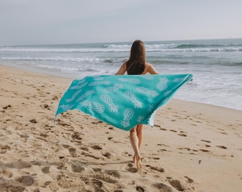 Toalla de playa turca blanca con estampado de piña y menta / Peshtemal sin arena / Hammam fino para piscina / Algodón orgánico