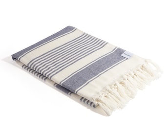 Cotton Navy & White Turkish Towel with Terry Cloth | Soft Absorbent Bath Sheet or Beach Peshtemal | Striped Large Travel Fouta | Spa Hammam