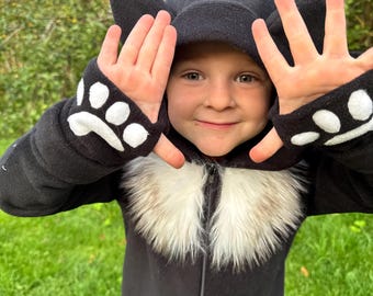 READY TO SHIP Fleece Cat Onesie Costume with Hood - Handmade Kids Kitty Outfit