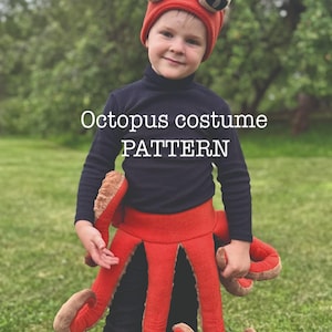 May include: A child wearing a red octopus costume, including a hat with eye details and a skirt with plush tentacles. The costume has brown accents and the text "Octopus costume PATTERN" is visible.
