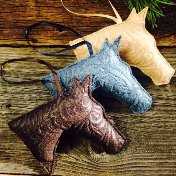 Leather look, Felt horse head ornament, Christmas gift, horse head silhouette, denim, pet horse, horse club gift, horse show prize, pony