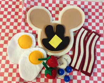 Mickey Mouse inspired felt breakfast set, pretend play food, felt pancakes, eggs, bacon, fruit, strawberries, blueberries, bananas