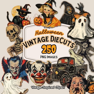 Vintage Halloween DieCuts Clipart, Cute Halloween PNG, Fussy Cuts, Clipart for Scrapbooks, Journal, Digital Download, Pumpkins, Witches