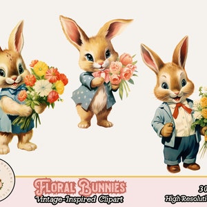 May include: Three vintage-style illustrations of bunnies holding bouquets of flowers. The bunnies are wearing blue clothing and have brown fur. The flowers are pink, yellow, and white.