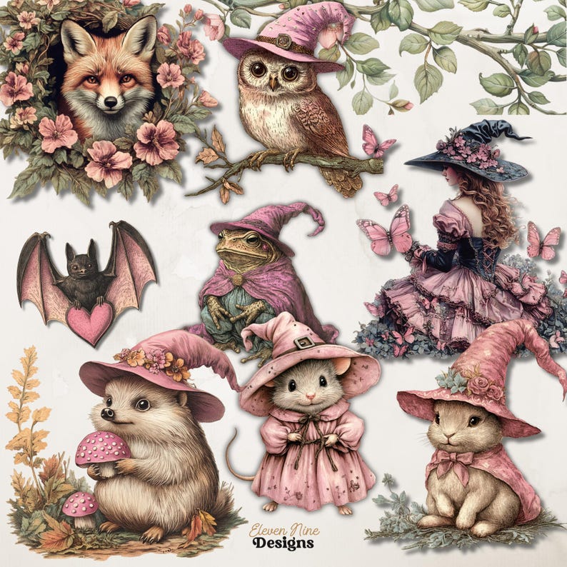 Op de afbeelding: Een set digitale illustraties met verschillende fantasievolle wezens die roze heksenhoeden dragen. De illustraties omvatten een vos, een uil, een pad, een egel, een muis en een konijn. De illustraties zijn perfect voor scrapbooking, kaartmaken en andere creatieve projecten.