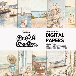 Può includere: Una collezione di carte digitali a tema costiero. L'immagine include illustrazioni ad acquerello di scene marine, barche e persone. Il testo sull'immagine recita "Coastal Vacation" e "Digital Papers". Le carte misurano 21,6 x 27,9 cm.