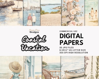 Coastal Vacation Digital Paper Pack, Beach Cottage Seaside Junk Journal Pages, Vintage Summer Ocean Scrapbook Backgrounds, Instant Download