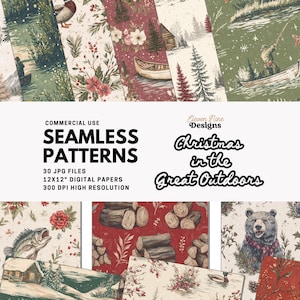 May include: A collection of seamless digital patterns with a Christmas in the Great Outdoors theme. The patterns feature illustrations of cabins, wildlife, and floral elements. The text on the image reads "Seamless Patterns" and "Christmas in the Great Outdoors".