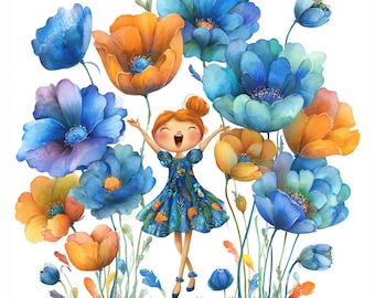 Whimsical Flower Girls Clipart, Watercolor Quirky Girls With Flowers, Fantasy Floral Girl Art, Floral Kids Illustration, Printable JPG