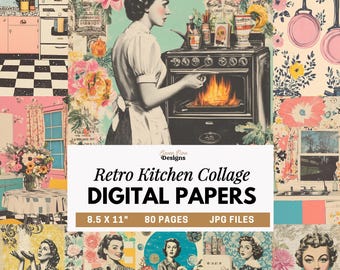 Vintage Kitchen Digital Paper, Retro Housewives Collage Backgrounds, Floral Junk Journal Paper, 1950s Woman Printable Scrapbook Pages