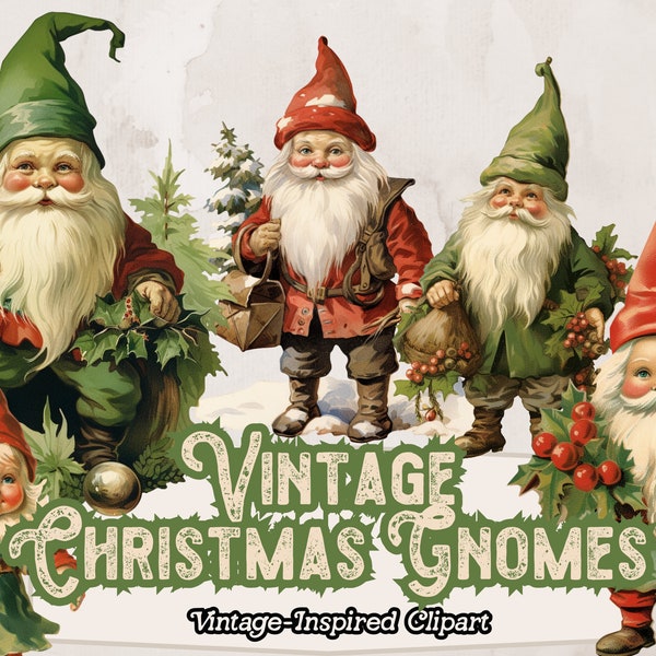 Christmas Gnomes PNG, Gnome Clipart, Vintage Christmas Clipart, Vintage Gnomes, Cute Gnomes Clipart, for Digital and Paper Crafts, Cards