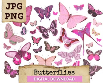 Fussy cut Butterflies Digital Collage Sheet, pink Butterfly, Butterflies Digital Download, Butterfly Ephemera Collage, Vintage Printable