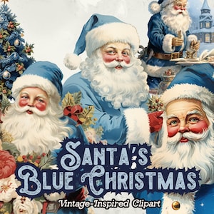 Clipart de Natal azul, Papai Noel azul vintage PNG, Clipart de inverno azul, Papai Noel azul PNG, para artesanato em papel, download digital instantâneo