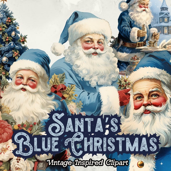 Blue Christmas Clipart, Vintage Blue Santa Christmas PNG, Blue Winter Clipart, Blue Santa PNG, for Paper Crafts, Digital Instant Download