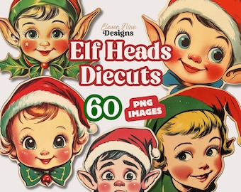 Vintage kerst elf gezichten PNG clipart, Elf Doll Heads Graphics, Retro Christmas Diecuts, Paper Dolls digitale beelden, Instant Download