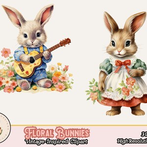 May include: Two vintage-style illustrations of bunnies. One bunny is wearing blue overalls and playing a yellow guitar. The other bunny is wearing a green dress with a red bow and holding a bouquet of pink flowers.