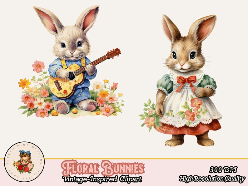 May include: Two vintage-style illustrations of bunnies. One bunny is wearing blue overalls and playing a yellow guitar. The other bunny is wearing a green dress with a red bow and holding a bouquet of pink flowers.