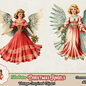 May include: Two vintage Christmas angels with wings, one in a red dress with a white lace trim and a green wreath, the other in a red and white dress with a green wreath and blue wings. 50s Retro Christmas Angels Vintage-Inspired Clipart Commercial Use Allowed.