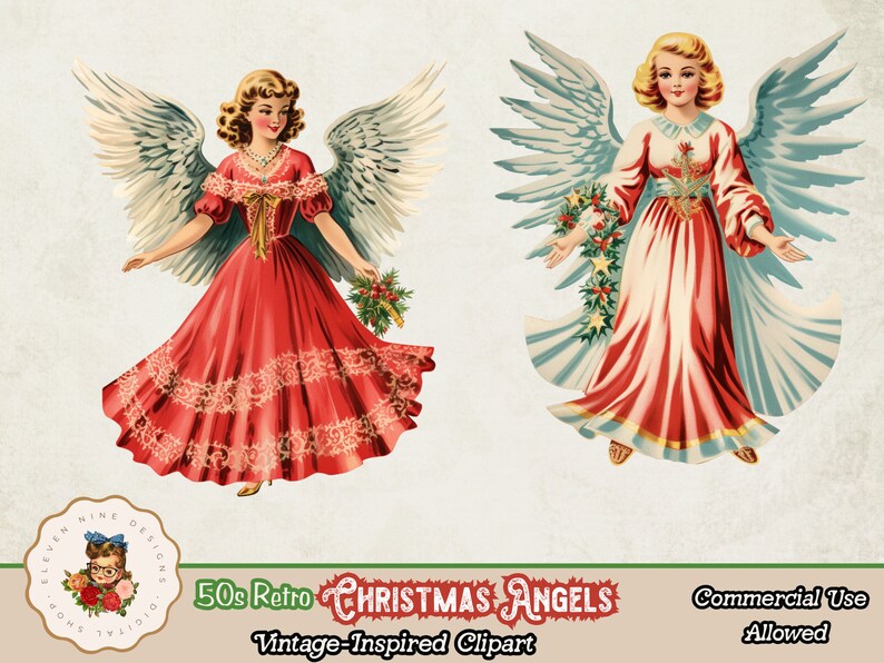 May include: Two vintage Christmas angels with wings, one in a red dress with a white lace trim and a green wreath, the other in a red and white dress with a green wreath and blue wings. 50s Retro Christmas Angels Vintage-Inspired Clipart Commercial Use Allowed.