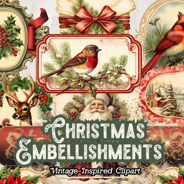 Vintage Christmas Embellishments, Christmas Stickers, Vintage Christmas Clipart, for Junk Journals, Paper Crafts, Vintage Decoration