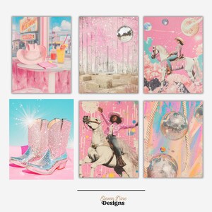 May include: A collection of six art prints with a pink and pastel color scheme. The prints feature a cowboy hat, cowboy boots, a disco ball, and a person riding a horse. The prints have a retro, vintage aesthetic.