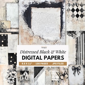Op de afbeelding: Een collectie van verweerde zwart-wit digitaal papier met vintage handschrift, bloemmotieven, strepen, stippen, een huisillustratie, een vlinder en een strik. De tekst luidt: Crown Nine Designs Distressed Black & White DIGITAL PAPERS 8.5 X 11" 100 PAGES JPG FILES.