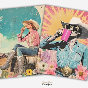 May include: Two vintage-style art prints featuring a cowgirl theme. One print shows a woman in a cowboy hat and boots, drinking champagne. The other print depicts a woman in a denim shirt and sunglasses, drinking from a pink mug. Floral accents and a retro color palette.