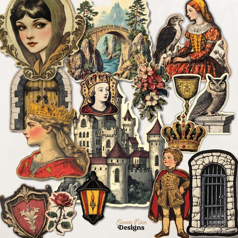 Pu&ograve; includere: Una collezione di adesivi in stile vintage con temi medievali e fantasy. Include immagini di un castello, un ponte, una donna con un falco, una regina incoronata, un ragazzo in abito reale, un gufo, uno scudo, una rosa e una lanterna.