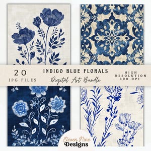May include: A digital art bundle featuring four indigo blue floral designs. The designs include floral arrangements and patterns. The text on the image reads "20 JPG FILES, INDIGO BLUE FLORALS, Digital Art Bundle, HIGH RESOLUTION 300 DPI, Eleven Nine Designs."