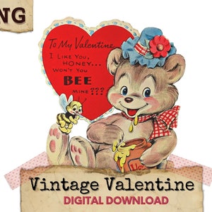 Vintage Valentine Clipart, Teddy Bear Clipart, Valentine Digital Download, Vintage Valentine, Valentine Bear PNG, Brown Bear PNG