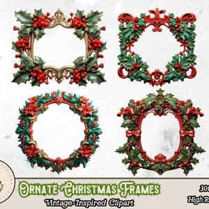 Op de afbeelding: Vier versierde kerstframes met hulst en bessen. De frames zijn vierkant, vierkant, rond en ovaal. De frames zijn in de kleuren rood, groen en goud.