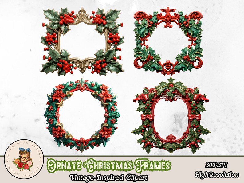 Op de afbeelding: Vier versierde kerstframes met hulst en bessen. De frames zijn vierkant, vierkant, rond en ovaal. De frames zijn in de kleuren rood, groen en goud.