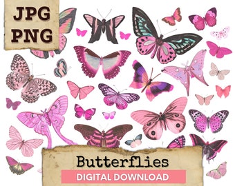 Fussy cut Butterflies Digital Collage Sheet, pink Butterfly, Butterflies Digital Download, Butterfly Ephemera Collage, Vintage Printable