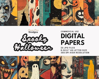 Vintage Halloween Digital Papier – Gruselige Geister, Spukhäuser, Kürbisse, Dracula, Retro Horror Kunst – Printables für Journals, Papierhandwerk