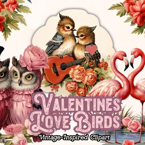 Love Birds Saint-Valentin Clipart, vintage oiseaux de la Saint-Valentin, mignon Love Birds Clipart, Clipart Saint-Valentin PNG, oiseaux floraux, téléchargement immédiat