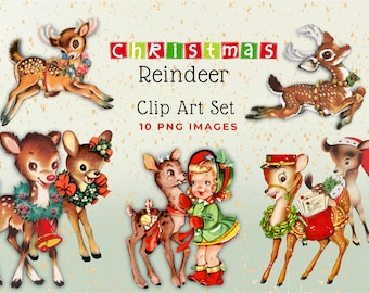 Reindeer Clipart, Christmas Clipart, Retro Vintage Christmas, Deer Clipart, Reindeer Digital Download, Vintage Clipart, Vintage Reindeer PNG