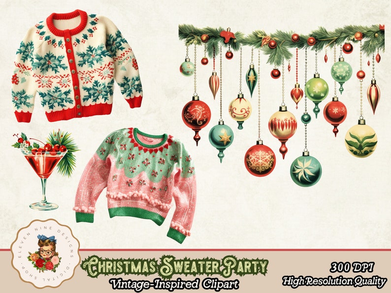 Ugly Christmas Sweater Clipart PNG, Retro Vintage 1950s Clipart ...