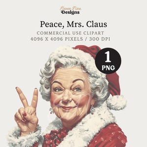 Imágenes prediseñadas de la señora Claus, imágenes prediseñadas divertidas de la señora Claus, PNG de Navidad vintage, imágenes prediseñadas de la señora Santa Claus de Navidad, descarga de sublimación, signo de la paz de la señora Claus