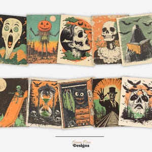 May include: A set of nine vintage-style Halloween illustrations featuring various spooky characters and scenes. The illustrations are in a retro color palette with a distressed, textured look.  The illustrations include a ghost, a jack-o-lantern, a monster, a skeleton, a skull, a monster in a closet, a man in a top hat, and a skull in a forest.