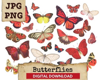 Fussy cut Butterflies Digital Collage Sheet, Red Butterfly, Butterflies Digital Download, Butterfly Ephemera Collage, Vintage Printable